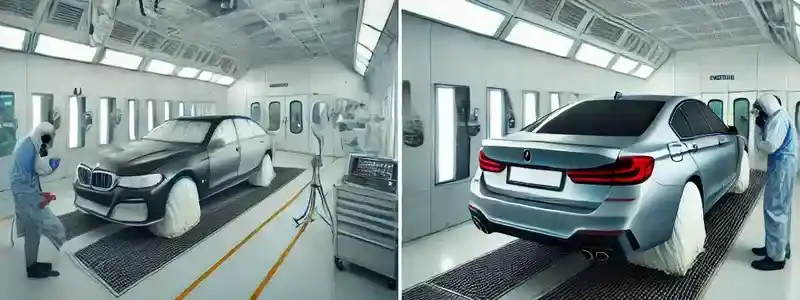 показывается покраска авто с разбором в камере покраски мастерами в костюме